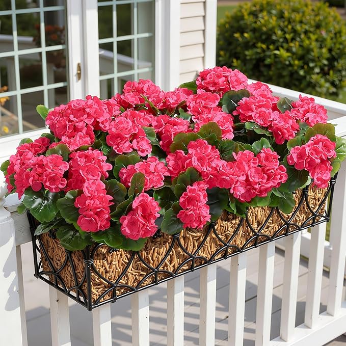 Alupssuc 12 Bundles Artificial Flowers for Outdoors Decoration Silk Geranium, UV Resistant Artificial Outdoor Fake Plants, Faux Flowers for Home Kitchen Table Indoor Outside Spring Decor, DeepPink