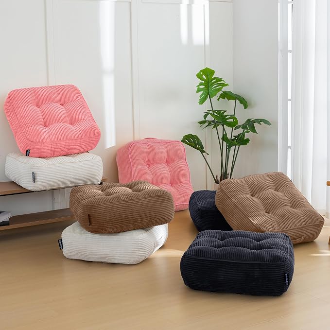 HIGOGOGO 8" Extra Thick Floor Pillow Cushion for Adults, Meditation Cushion Pillow, Large Square Floor Sitting, Tufted Corduroy Cover, for Tatami Living Room or Yoga, 22x22 Inch, Pink