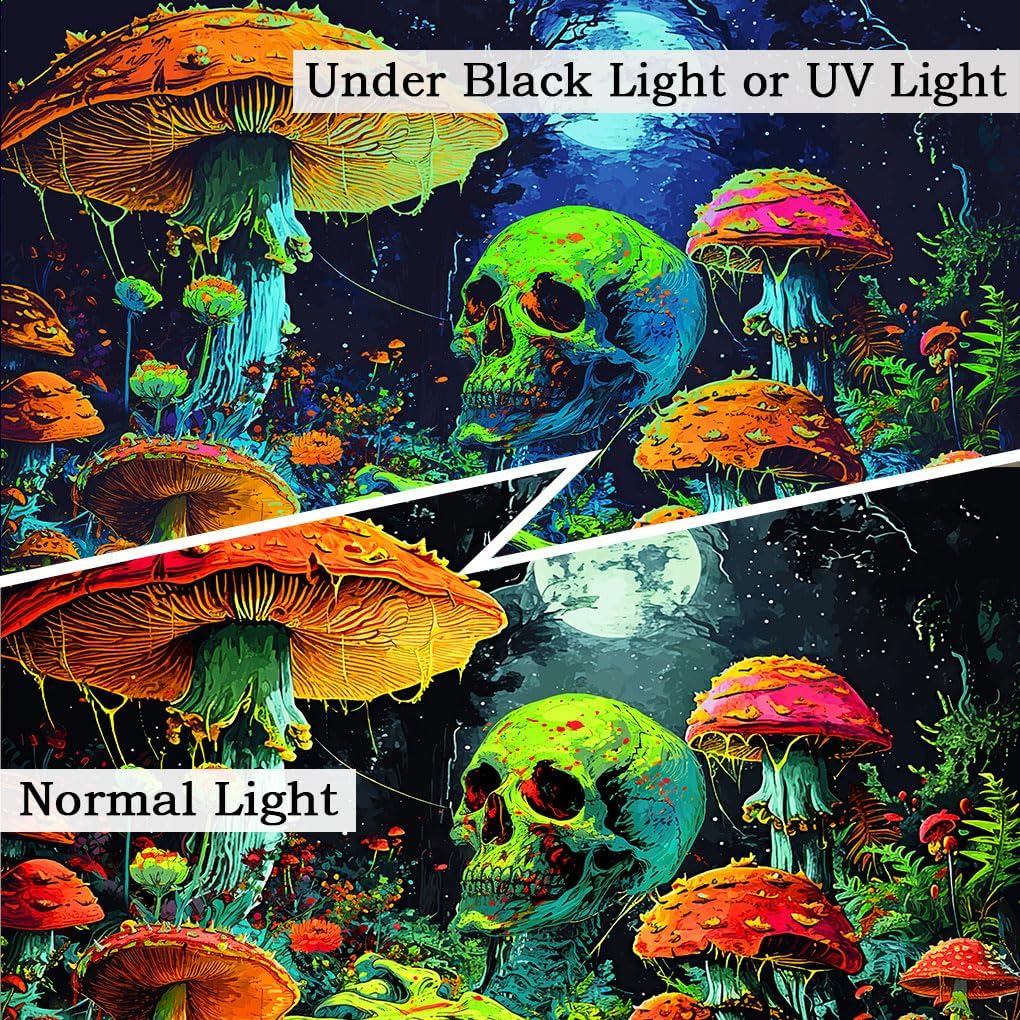 Xiaoput Blacklight Skull Tapestry, Black Light Skeleton, UV Reactive Neon Gothic for Men, Glow in Dark Trippy Forest Wall Hanging, 60X51IN