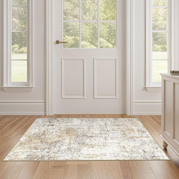 2x4 Rug Washable Runner Rug: Small Abstract Modern Non-Slip Soft Accent Doormat Stain Resistant Floor Throw Mat for Entryway Kitchen Bedroom Nursery Entry Dorm- Gray Gold