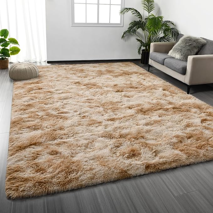 Deerhoo Large Shag Area Rugs 6 x 9, Tie-Dyed Plush Fuzzy Rugs for Living Room, Ultra Soft Fluffy Furry Rug for Bedroom, Indoor Carpet Nursery Rugs for Kids Room Home Decor, Beige