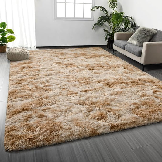 Deerhoo Large Shag Area Rugs 6 x 9, Tie-Dyed Plush Fuzzy Rugs for Living Room, Ultra Soft Fluffy Furry Rug for Bedroom, Indoor Carpet Nursery Rugs for Kids Room Home Decor, Beige