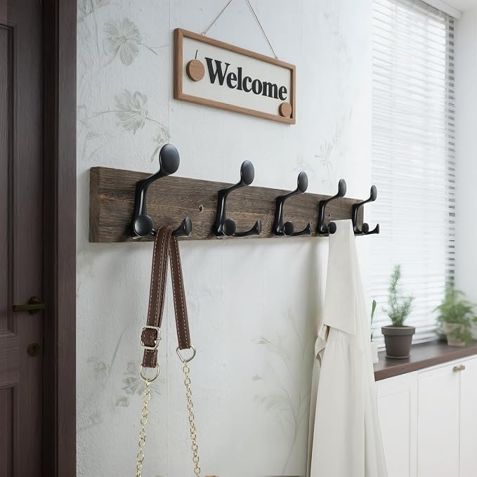 WEBI Coat Rack Wall Mount,30" Solid Wood Coat Hooks Wall Mounted Coat Hanger,16" Hole to Hole,Heavy Duty Hook Rack Rail,5 Triple Hooks for Hanging Coats,Jacket,Clothes,Hat,Backpack,Weathered Brown