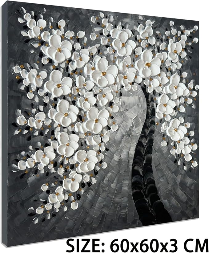 zoinart Hand Paintings 3D Floral Canvas Wall Art 24x24 Inches Abstract Floral Paintings Modern Contemporary Texture Wall Art Tree Black and White Artwork for Home Decorations