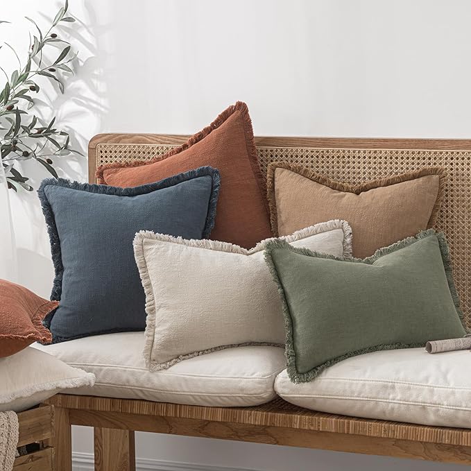 MIULEE Decorative Throw Pillow Covers Neutral Linen Fringe Throw Pillows Euro Shams Set of 2 Brick Boho Farmhouse Cushion Covers for Couch Sofa Bed Living Room Spring Home Decor 22x22 Inch