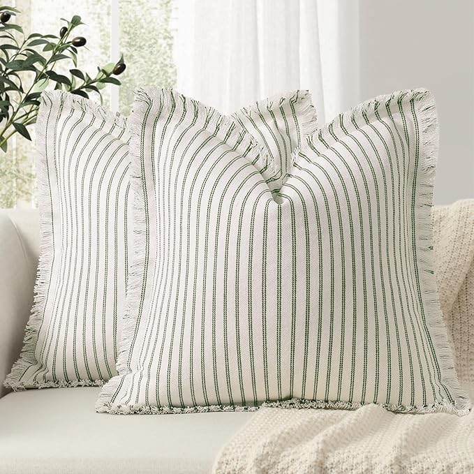 ZWJD Throw Pillow Covers 16x16 Set of 2 Striped Pillow Covers with Fringe Chic Cotton Decorative Pillows Square Cushion Covers for Sofa Couch Bed Living Room Farmhouse Decor, (Olive Green)