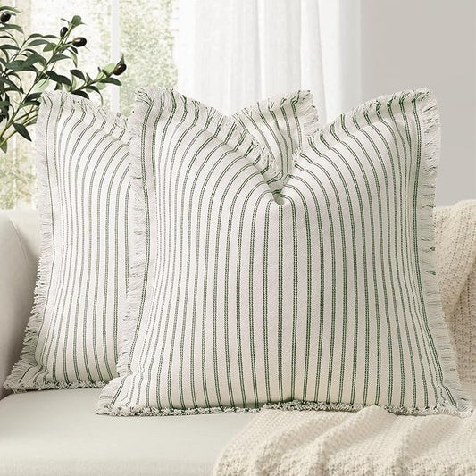 ZWJD Throw Pillow Covers 26x26 Set of 2 Striped Pillow Covers with Fringe Chic Cotton Decorative Pillows Square Cushion Covers for Sofa Couch Bed Living Room Farmhouse Decor, (Olive Green)