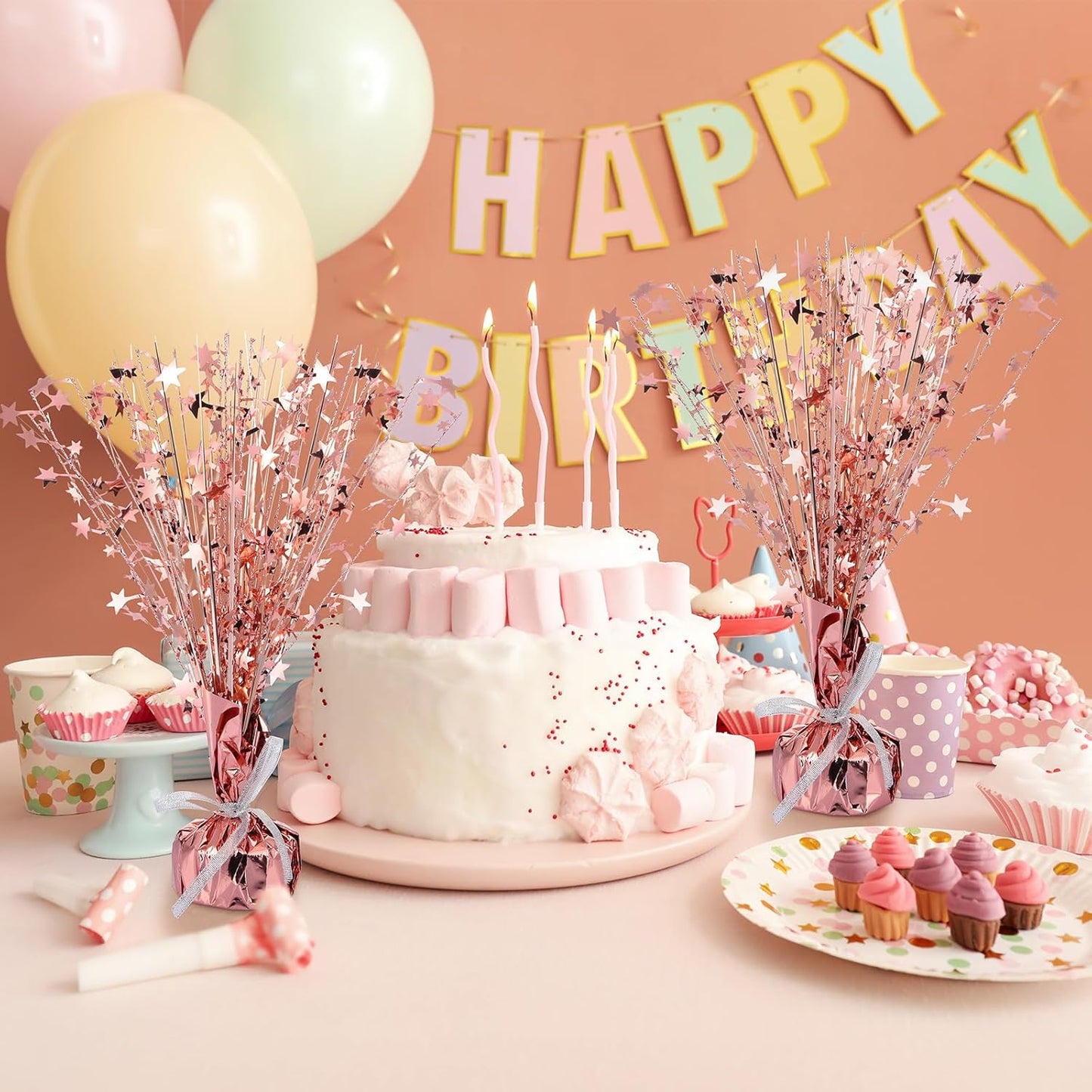 Crowye 18 Pieces Metallic Foil Spray Centerpiece Party Star Table Decoration Burst Metallic Table Centerpieces for Birthday Party Season Holiday(Rose Gold)