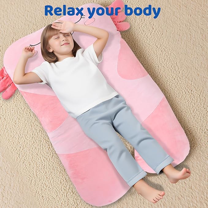 47x23 inch U Shaped Long Plush Body Pillows for Kids, Stuffed Animal Axolotl Soft Large Pillow for Sleeping, Big Cute Plushies, Washable Cover, Gift for Boys and Girls