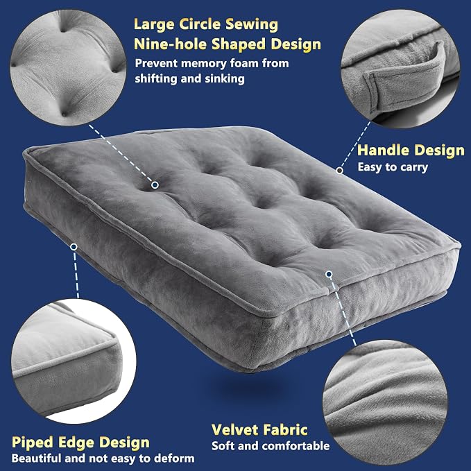 1 MIDDLE ONE Floor Pillow Set of 4, Memory Foam Meditation Cushion, Floor Cushions for Adults Sitting, Large Square Seat Cushions for Yoga, Living Room, 20x20 Inch (Grey)