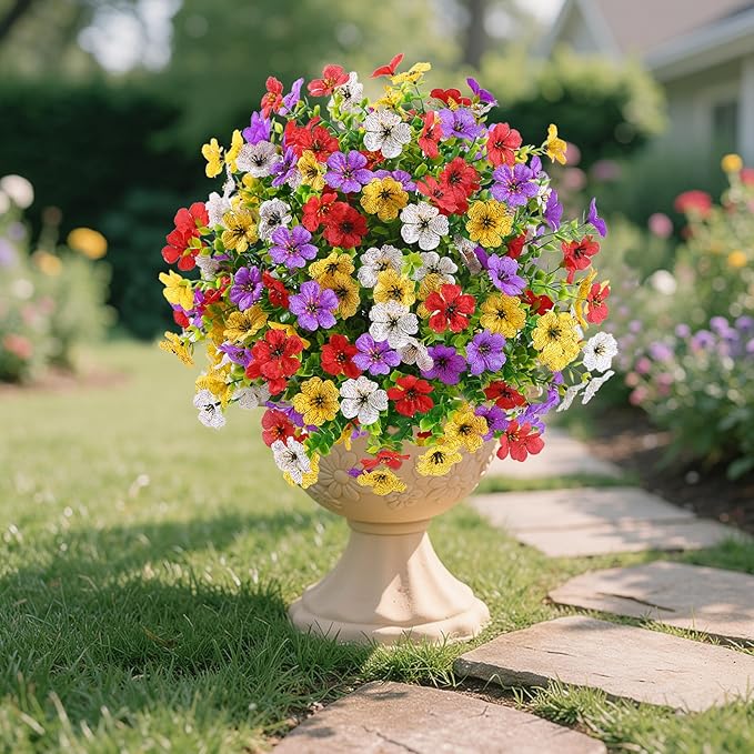 Alupssuc 2Pcs 20" Artificial Topiary Ball Flowers, Spring Outdoor Decoration with Spike, UV Resistant Faux Summer Plants, Faux Bushes Plants, Red Purple Yellow White for Garden, Porch & Patio Decor