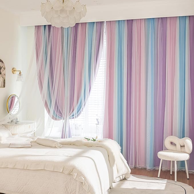 XiDi Girls Rainbow Blackout Curtains for Bedroom 2 Panels 63 Inches Long Thermal Insulated Pink Purple Double Layer Curtains with Sheer Overlay for Nursery Kids Room Decor Grommet Drapes W34XL63