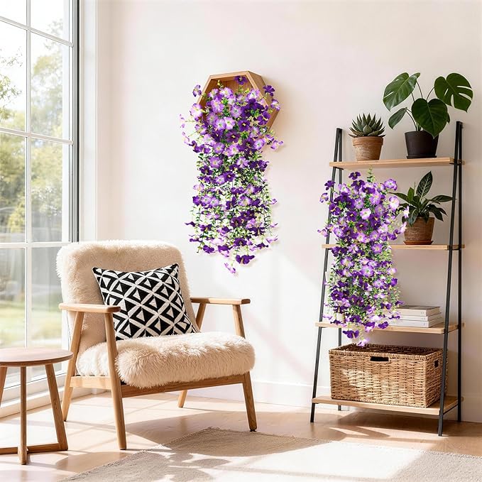 Artificial Fake Flowers Plants for Outdoor Spring Summer Decoration,2 PCS Faux Silk Morning Glory with Eucalyptus Leaves,UV Resistant Realistic Outdoor Flowers for Balcony Porch Patio Yard Garden