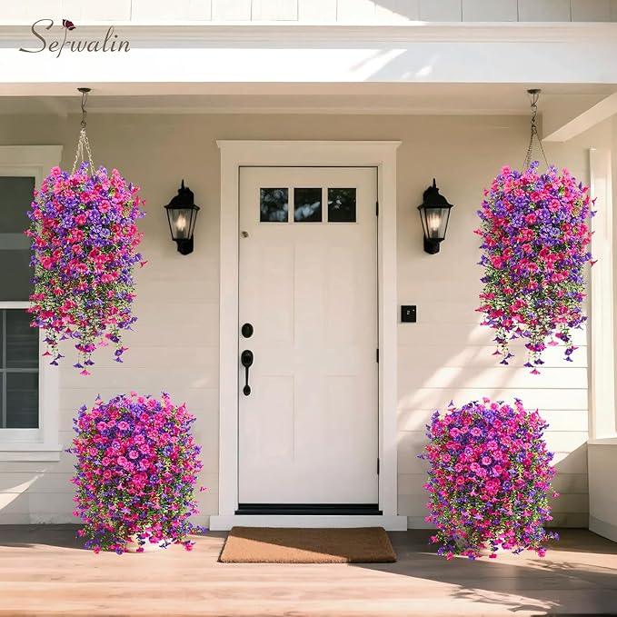 Serwalin Artificial Hanging Flowers for Outdoors Decoration, 8PCS UV Realistic Resistant Fake Silk Artificial Plants Outdoor for Porch Patio Balcony Indoor Planter Yard Decor (Purple&Rose Pink,8PCS)