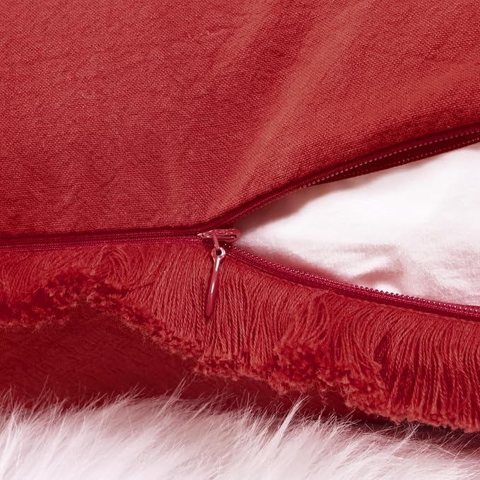 ZWJD Red Pillow Covers 20x20 Set of 2 Throw Pillows with Fringe, Chic Cotton Decorative Square Cushion Covers for Sofa, Couch, Bed, Living Room, Farmhouse, Boho Decor