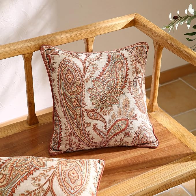 ISAENNE Vintage Linen Throw Pillow Cover,Set of 2,18"x18"-Chauffrey A | Designer Elegant Square Pillow Cover,Concealed Zipper Design,Cashew Pattern,Sofa,Bedroom,Living Room,Lounge Chairs
