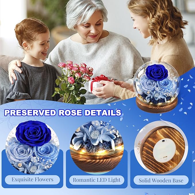 FIACO Gifts for Mom Mothers Day Birthday Gifts for Women Preserved Flowers in Glass Dome Long-Lasting Eternal Roses for Her Grandma Wife Girlfriend Blue Forever Flowers for Delivery Prime Anniversary