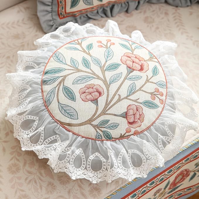 bilin gaier Round Linen Throw Pillow Cover,Diameter 16"-Flowershadow C | Designer Vintage Elegant Pillow Cover,Concealed Zipper Design,Floral Pattern,Sofa,Bedroom,Living Room,Lounge Chairs