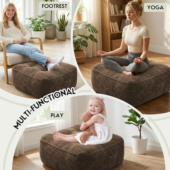 11" Thick Washable Floor Pillow for Adults, Yoga & Meditation Cushion with Handle, Square Large Pillows Seating with Removable Tufted Corduroy Cover for Tatami Living Room Board Games, Brown