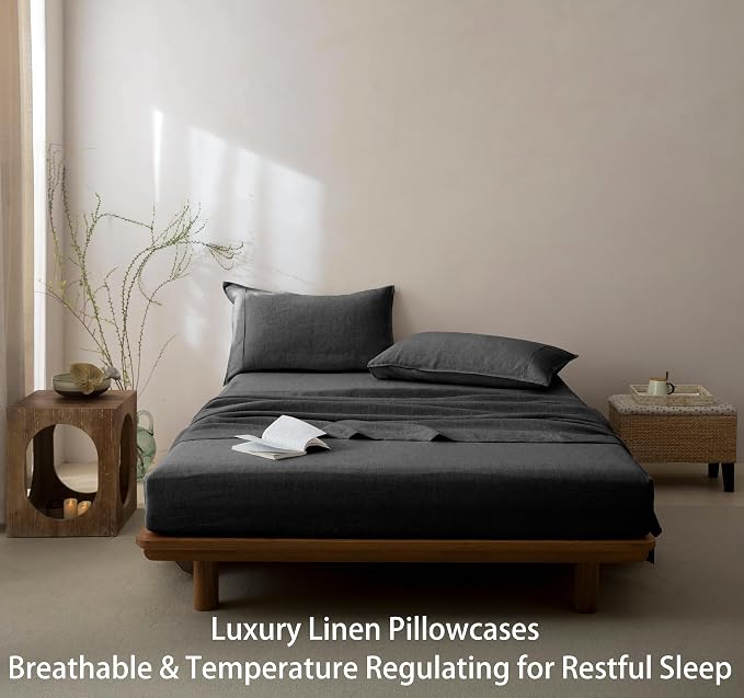 Talasily 100% French Linen Pillow Case Standard Size Set of 2,Oeko-TEX Certified Stone Washed Flax Pillow Shams with Envelope Closure - Breathable & Cooling for Hot Sleepers（Dark Grey,20''x26''）
