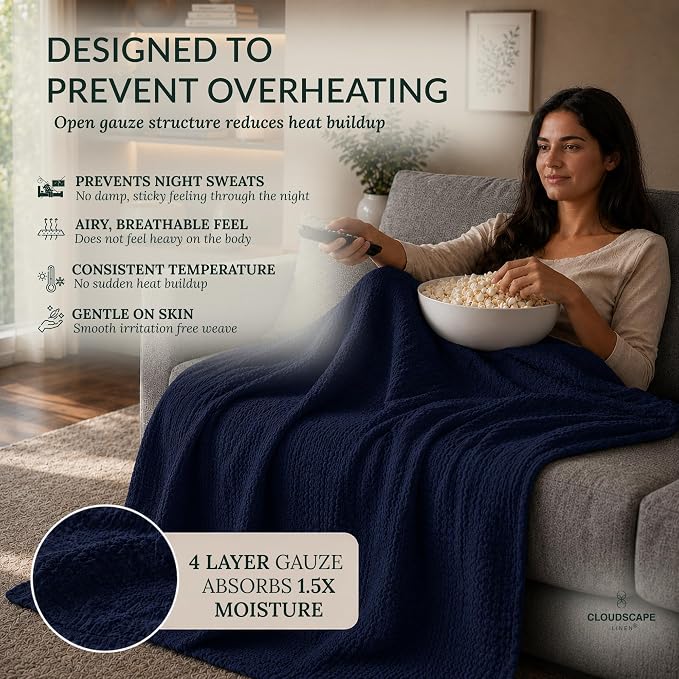 CLOUDSCAPE 4 Layer Muslin Blanket for Adults - 100% Cotton Throw Blanket - 50"x70" Oversized Gauze Throw for Sofa, Couch - Soft Lightweight Breathable Muslin Cotton Throws for Summer - Ensign Blue