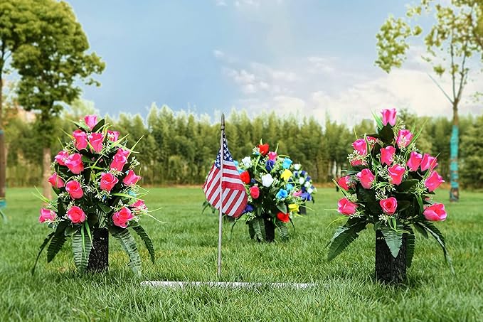 LVXINLI 2 Sets Artificial Cemetery Flowers,Outdoor Grave Decorations Roses,Beautiful Arrangements Bouquet with Cemetery Vase,Lasting and Non-Bleed Colors (Pink)