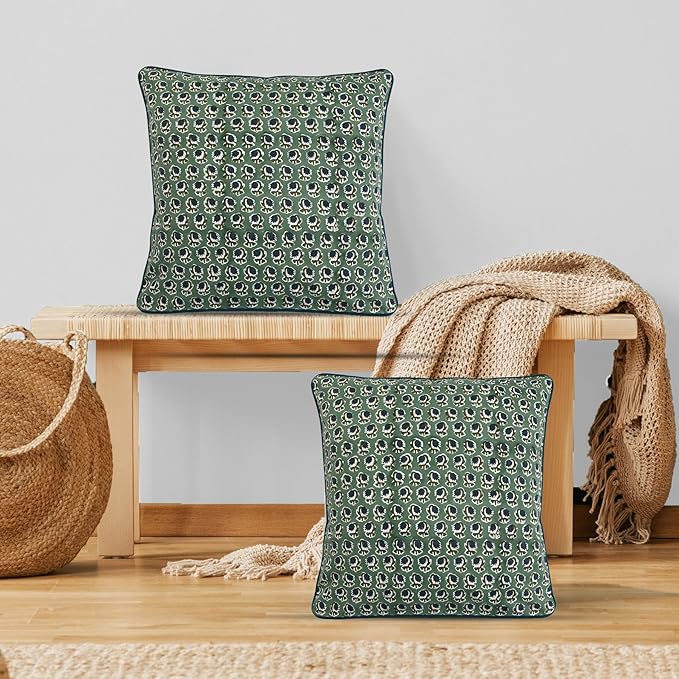 Ridhi Block Print Basil Green Pillow Cover 24" x 24" (Pack of 2) Decorative Couch Pillows for Living Room, Chic Boho Cute Outdoor Pillows Covers Gifts for Spring, Easter and Valentine