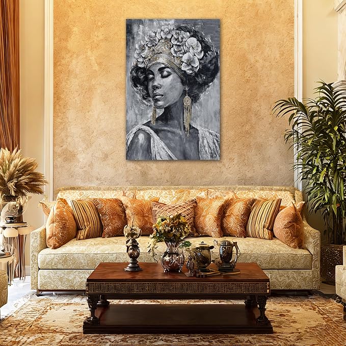ZUNARE Vertical Ethnic Woman Wall Art Grey Gold Abstract Figure Canvas Painting Contemporary Cultural Artwork for Living Room Hallway Office 32x48inch