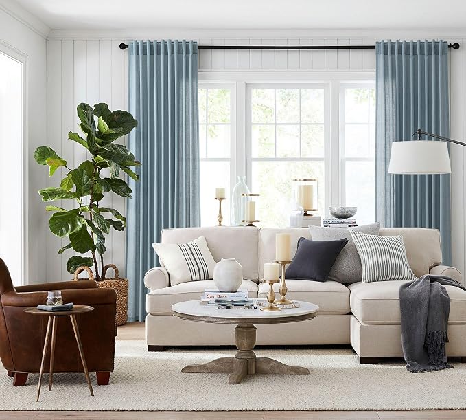 Jowels Blue Linen Curtains 90 Inch Long 2 Panels for Living Room | Light Filtering Semi Sheer Curtain, Back Tab Pocket Pleated Look, Boho Farmhouse Textured Privacy Drapes for Bedroom Window