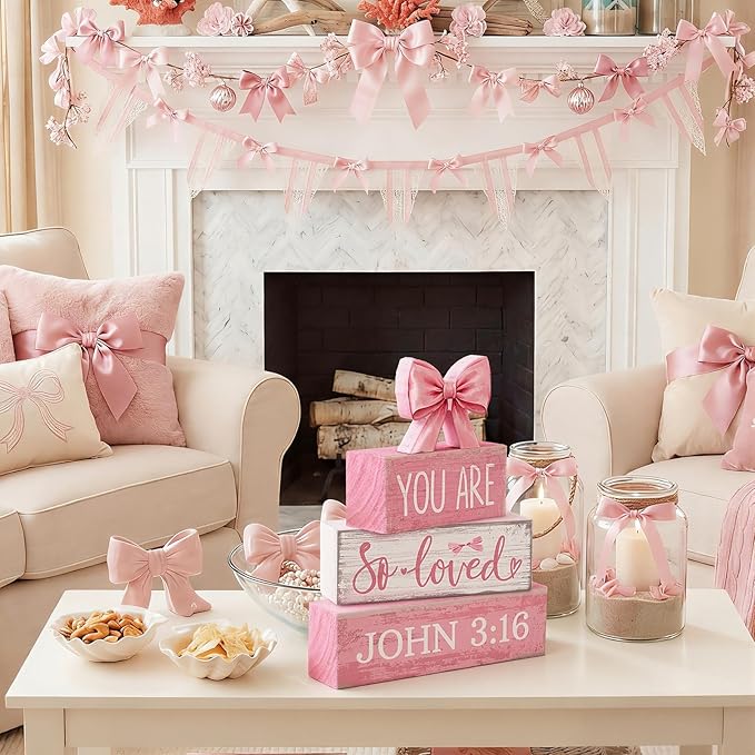 Lineshading 4 Pcs Christian Table Decor Pink Bow Wooden Block Signs Set "you Are So Loved John 3: 16” Christian Gifts for Women Coquette Aesthetic Bow Centerpieces for Home Office Shelf Decorations
