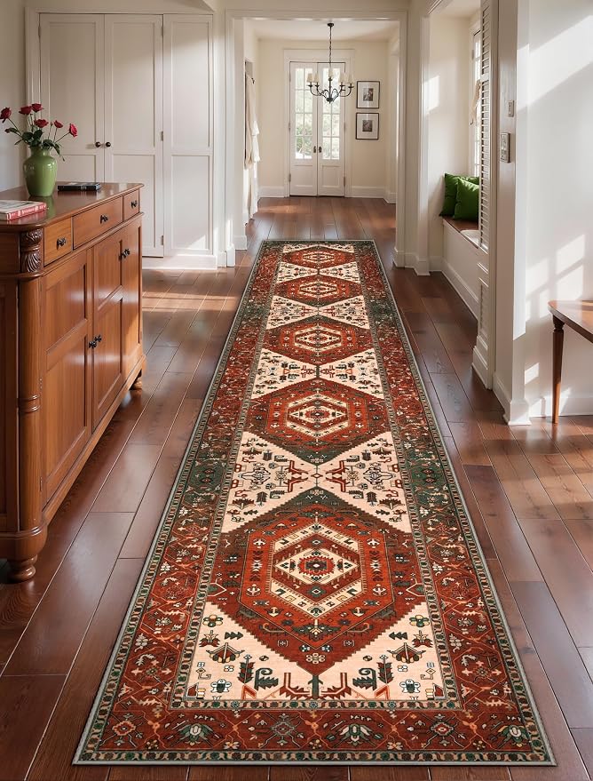 SERISSA Runner Rug for Hallways, 2'6"x14' Washable Non Slip Runner Rug, Extra Long Boho Rug Ultra Soft Vintage Terracotta Green Print Floor Carpet for Bedroom Hallway Entryway Laundry Room