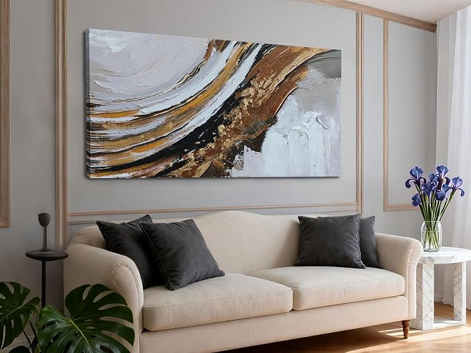 Ardemy Abstract Wall Art Textured Gold Strokes Painting Extra Large 58"x29"- Golden Canvas Picture for Home Office Fluid Lines Modern Aesthetics Artwork Framed Bedroom Living Room Wall Decor