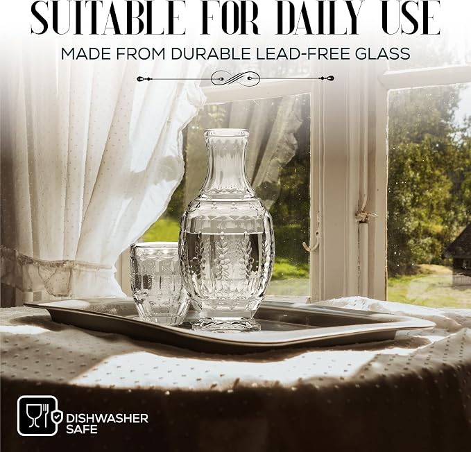 Elle Décor Vintage Bedside Water Carafe with Tumbler – Elegant Pitcher and Matching Drinking Glass Doubles As Lid For Guest Room, Office, or as a Gift, 4.7x10.4, Clear