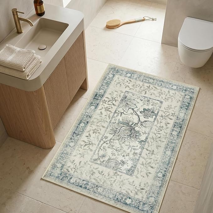 GarveeHome Vintage Blue Small Rug 2x3 Door Mat Indoor Cottage Core Retro Farmhouse Low-Pile Stain Resistant Non-Slip Washable Rugs for Entryway Bathroom Bedroom Kitchen TPE Backing