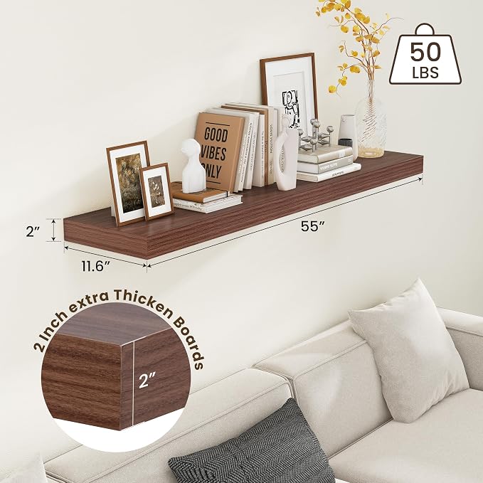 FLYJOE Deep Floating Shelves, 55 Inch Walnut Shelves Set of 1 | 12 Inch Deep Shelves for Wall, 55'' x 12'' Rustic Wood Shelves for Bathroom Living Room Laundry Room Kitchen