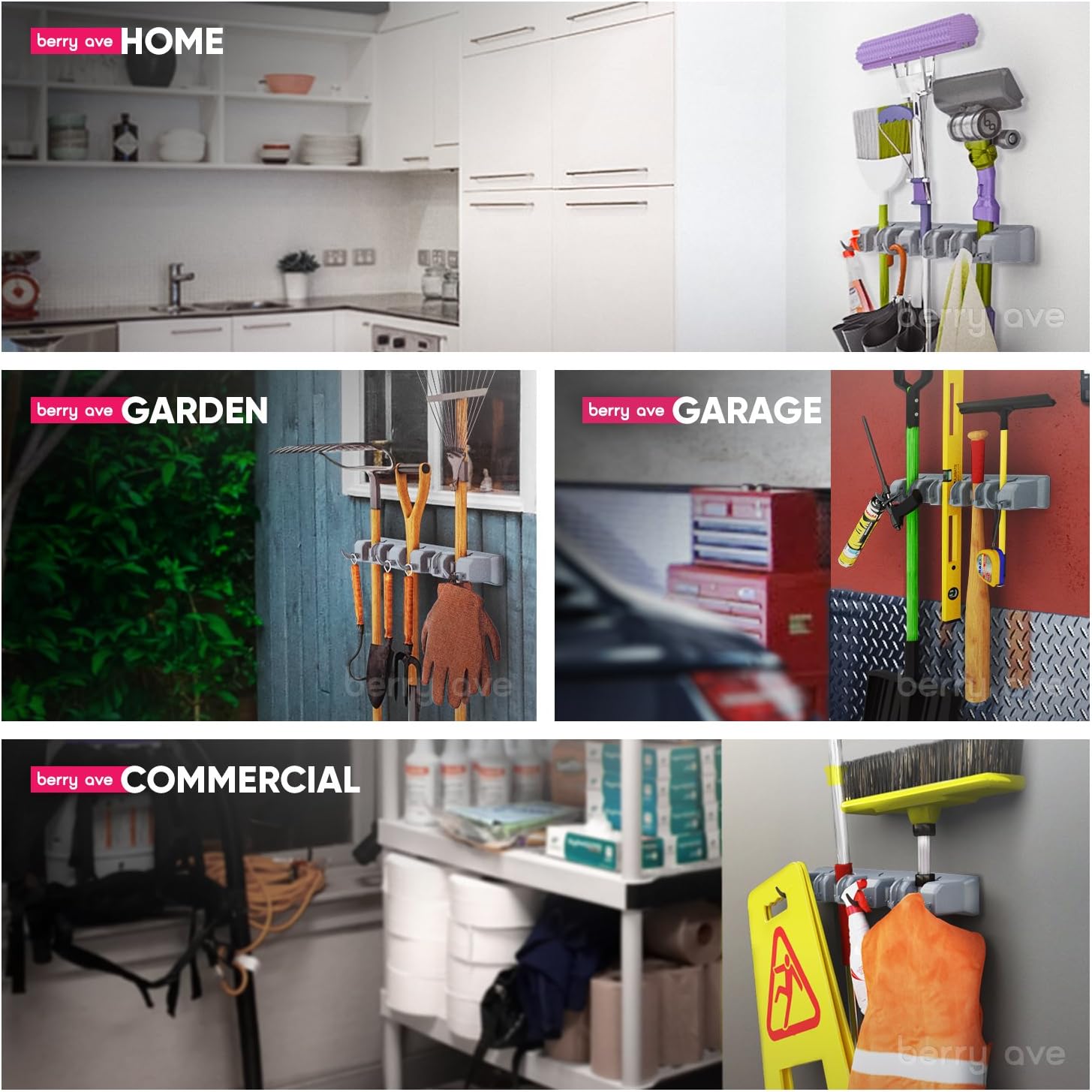 Berry Ave Broom Holder Wall Mount and Garden Tool Organizer - Thumbnail 4