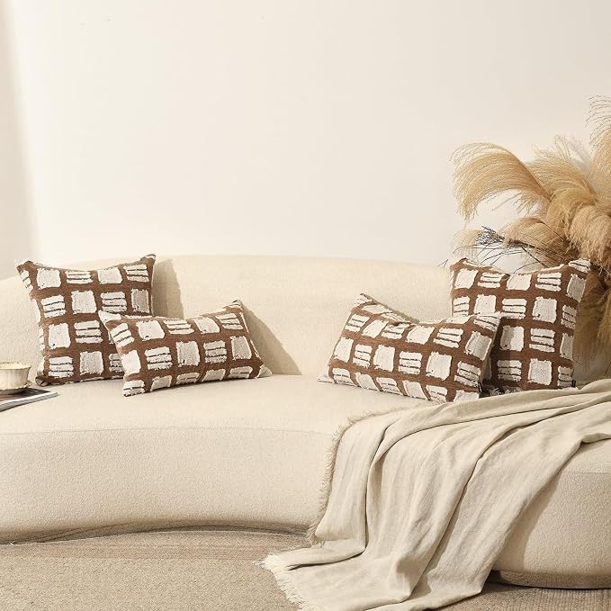 Boho Throw Pillow Covers 20x20, Brown White Abstract Grid Pillowcases, Farmhouse Decorative Pillows Cushion Cases for Sofa Bed Living Room