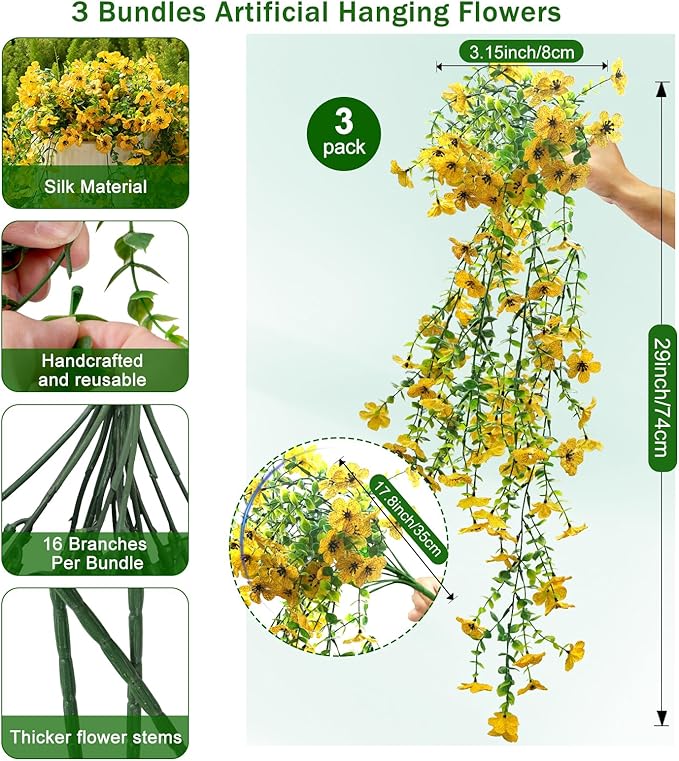 Fanfantoey 3Pcs Artificial Flowers for Outdoors, UV Resistant Fake Flowers, Realistic Artificial Hanging Flowers, Fake Plants Silk Daisy Vines for Spring Summer Outdoor Decor(Yellow)