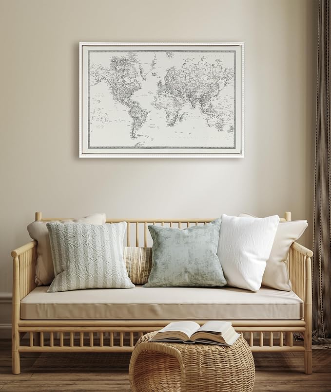 Kate and Laurel Sylvie Beaded Vintage Black and White World Map Vintage Framed Canvas Wall Art by The Creative Bunch Studio, 23x33 White, Modern Geographical Map Décor