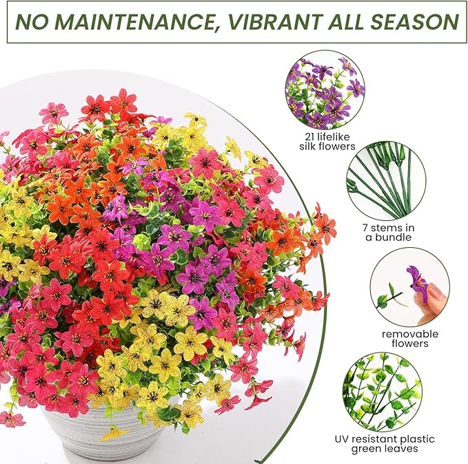 SHareconn 36 Bundles Artificial Flowers for Outdoors Spring Decoration, Fake Silk Realistic Faux Plants UV Resistant for Outside Planter Porch Patio Summer Indoor Decor, RedRose PurpleYellowOrange