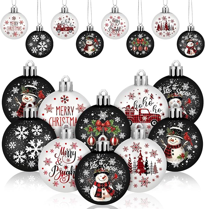HyDren 40 Pcs Mini Christmas Tree Ornaments Black White Snowman Christmas Decoration 1.2 Inch Mini Hanging Xmas Ball Ornaments for Xmas Holiday Wedding Decorations