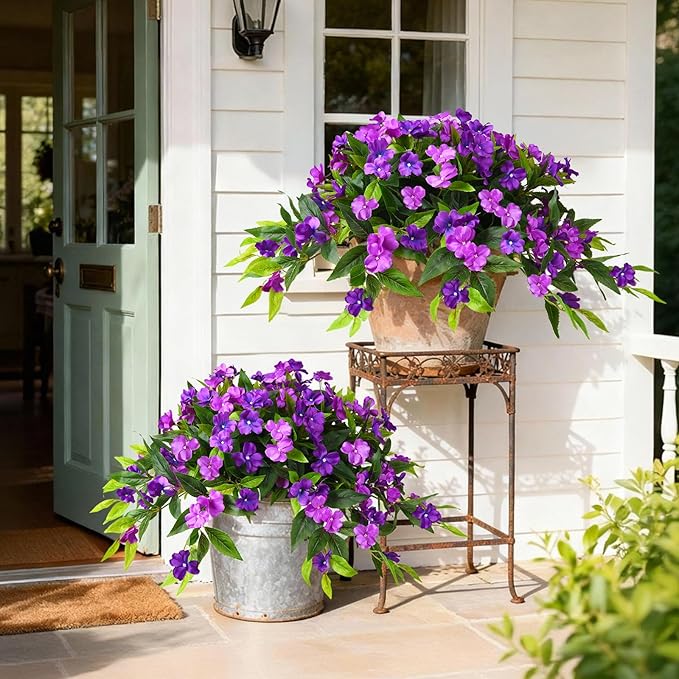 Hommyea Artificial Fake Hanging Flowers Plants Basket for Outdoors Outside Decoration UV Resistant Faux Silk Flowers Look Real Plastic Flowers for Spring Planters Home Porch Patio Garden Decor(purple)