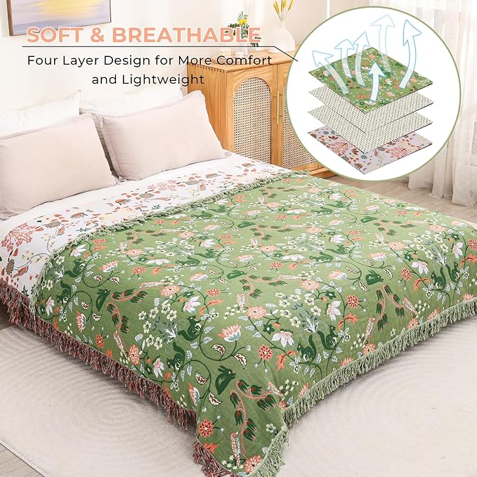 Boho Throw Blanket 80"x90", 100% Cotton Ultra Soft Luxury Throw for Couch and Sofa Blankets Home Decor, All Season Florals and Animals Throw Reversible Breathable Cozy Blankets
