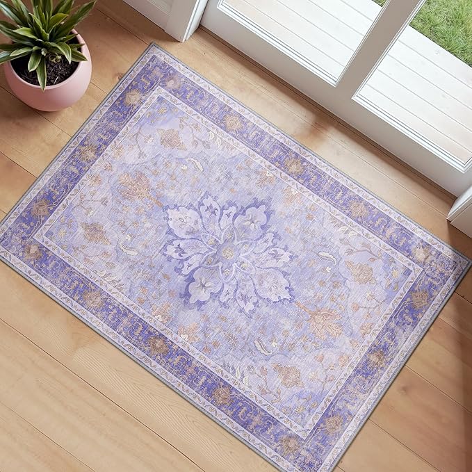 RELEANY Area Rugs 2'6''x4' Kitchen Rugs Entry Rug Small Rugs for Entryway Kitchen Bathroom Door Mat Indoor Entrance,Washable Non Slip, Light Purple Brown