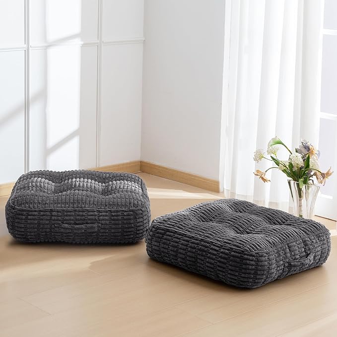 HIGOGOGO 6" Floor Pillow Cushion for Adults, Meditation Cushion Pillow, Blended Corduroy Cover, Large Square Floor Sitting for Tatami Living Room or Yoga, 2Pack, Dark Grey