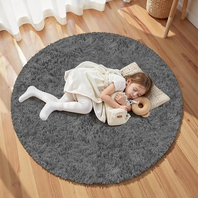 Dark Gray Round Fluffy Rug 6ft Plush Fuzzy Shaggy Carpet,Soft Rugs for Living Room for Nursery,Preppy Dorm,Classroom,Playroom,Teen,Baby Home Decor (Dark Gray 6"x6")