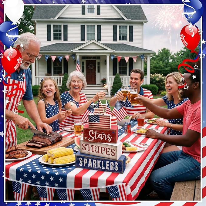 CroBlissful 5 Pcs 4th of July Decorations Patriotic Memorial Day Tabletop Decoration Red White Blue Table Centerpieces Stars Stripes Sparklers Sign for Office Tiered Tray Home Shelf 250th Anniversary