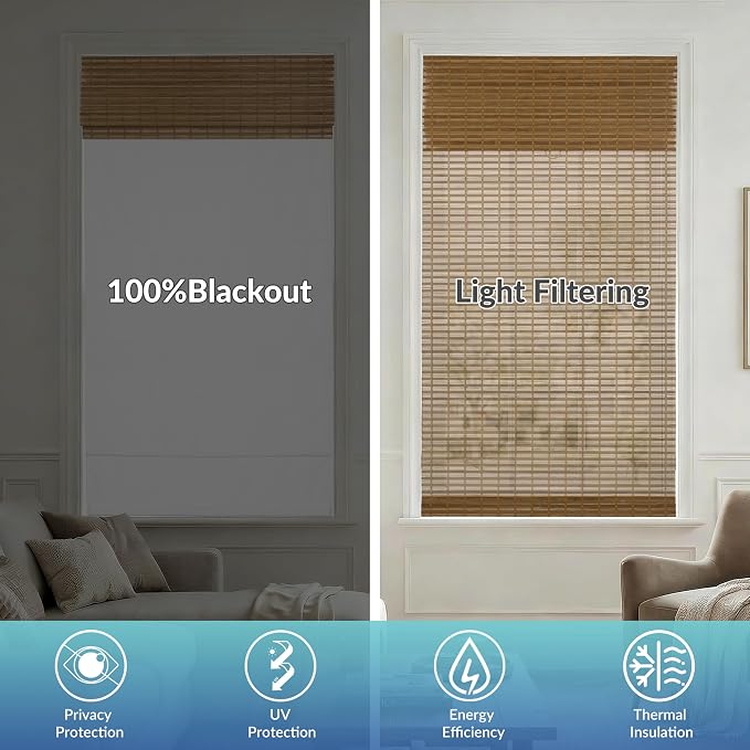 No Drill Double Bamboo Roman Shades for Windows, Day Night Cordless Roman Blinds for Indoor Windows, Thermal Insulated Window Shades for Home Blackout & Light Filtering, Camel, 35" W x48 H