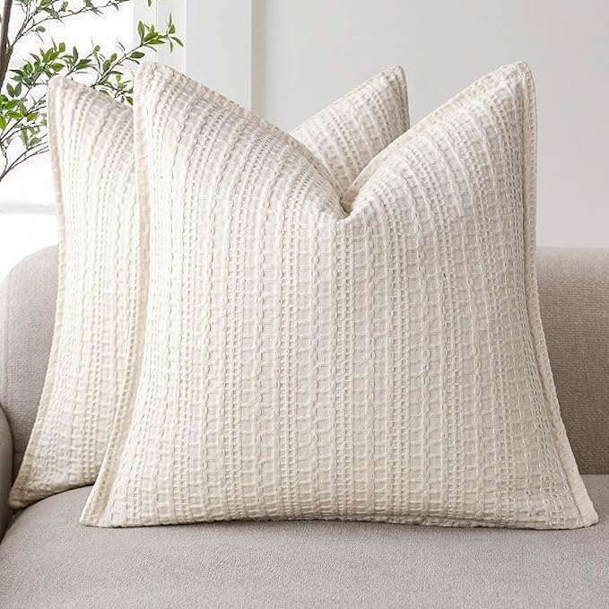 Foindtower Set of 2 Decorative Cotton Waffle Weave Throw Pillow Covers Euro Shams Cushion Covers Accent European Pillowcase for Bed Couch Sofa Bedroom Living Room Home Decor 26×26 Inch Natural Ivory