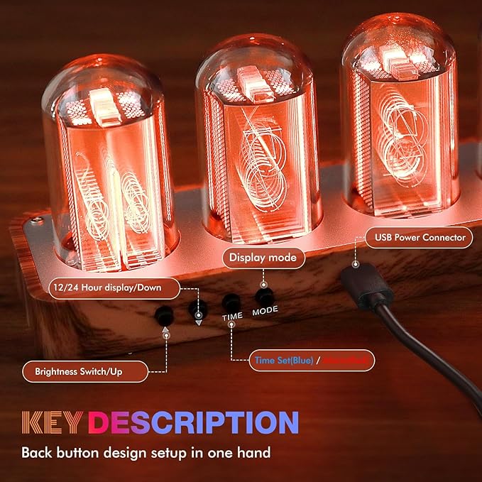 ClocTeck Nixie Tube Clock with Wi-Fi SYNC, Alarm & Timer, 12/24H Display, No Assembly Required - A Retro Gift for Friends (Wood Grain)